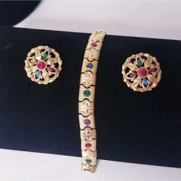 Vintage gold rhinestone panel link bracelet And Matching Earrings Set - Picture 1 of 11